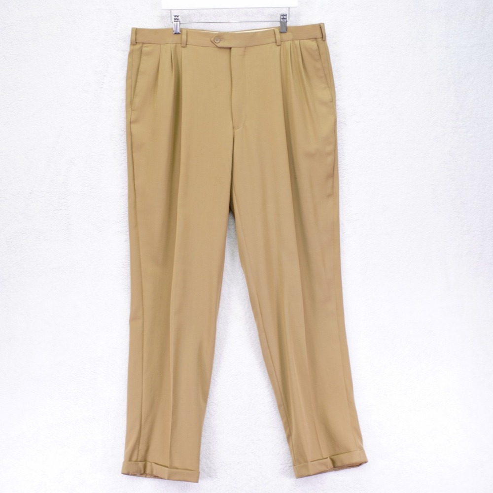 DAMAGED Pronto Uomo Worsted Wool Tan Dress Pants 40‎ / 34 Pleated Cuffed Lined